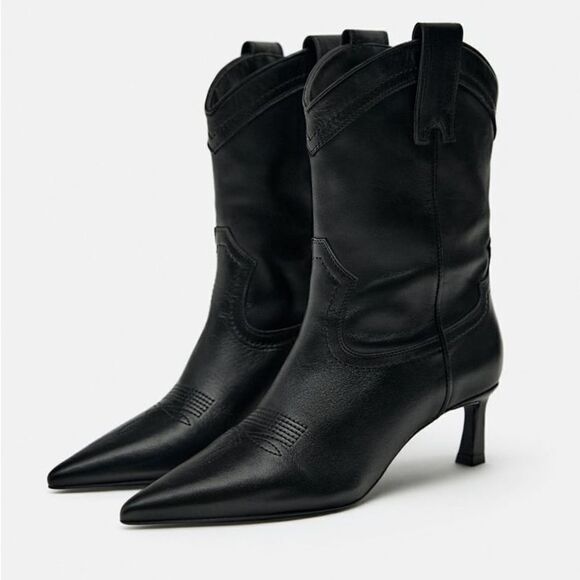 ZARA LEATHER COWBOY HEELED ANKLE BOOTS - Picture 3 of 10